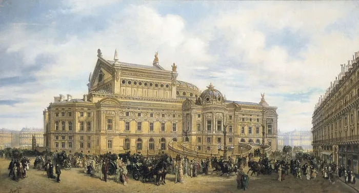 Framed Print : The Paris Opera, building by Charles Garnier, seen from the Auber street. Oil on canvas. FRANCE. Paris. Muse Carnavalet (Carnavalet Museum)