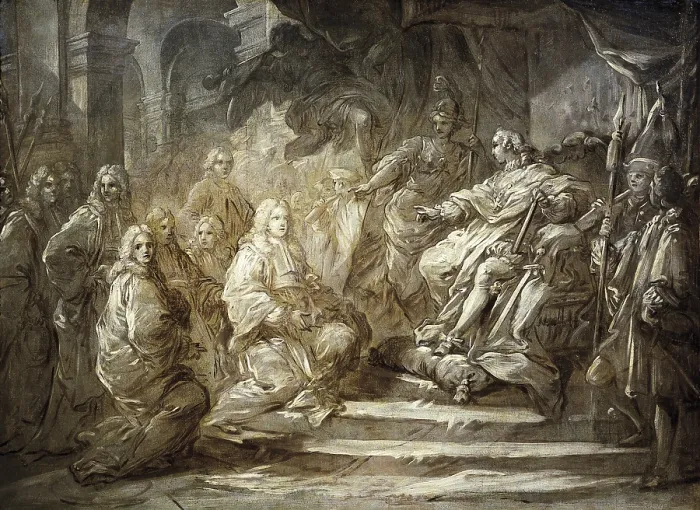 Framed Print : Paris politicians meeting Louis XV in September 5th 1715. Grisaille sketch (circa 1716) by Louis de Boullogne. FRANCE. Paris. Musee Carnavalet (Carnavalet Museum)