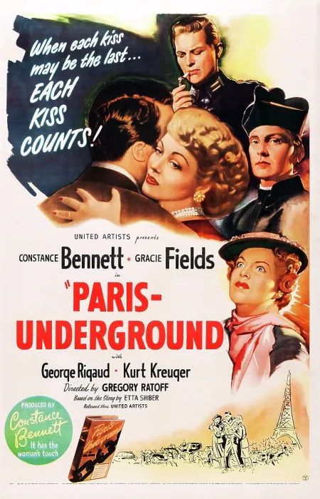 Framed Print : PARIS UNDERGROUND, US poster art, Kurt Kreuger (top), Constance Bennett (center), Gracie Fields (bottom right), Charles Andre (center right), 1945