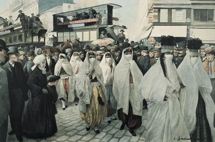 Framed Print : Paris Universal Exhibition (Exposition Universelle) of 1900. Artists of the Oriental Theatre Returning to the Trocadero. Illustration by Louis Remy Sabattier (1863-1935)