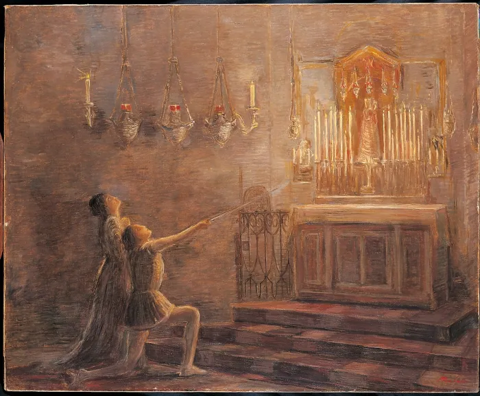 Framed Print : Parisina Ugo and Parisina in the Pavilion in Loreto (The Offering of the Sword), by Gaetano Previati, 1913, 20th Century, cm 67, 5 x 56 - Italy, Lombardy, Milan