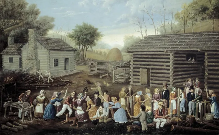 Framed Print : PARK, Linton (1826-1870). Flax Scutching Bee. 1885. Neighbours preparing flax to weave. Oil on canvas. UNITED STATES OF AMERICA. Washington. National Gallery of Art