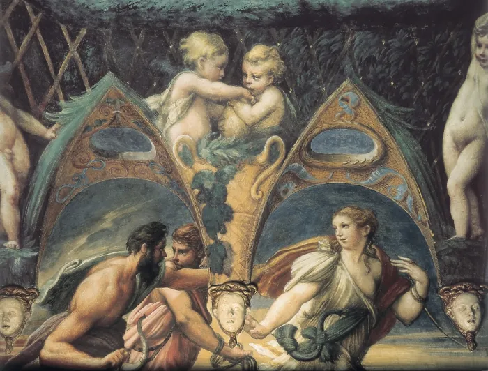 Framed Print : PARMIGIANINO, Francesco Mazzola, called Il (1503-1540). Legend of Artemis and Actaeon. 1523. ITALY. Fontanellato. La Rocca. Scene of the pursuit of love. Renaissance art
