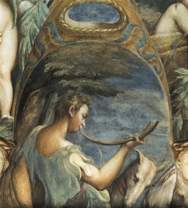 Framed Print : PARMIGIANINO, Francesco Mazzola, called Il (1503-1540). Legend of Artemis and Actaeon. 1523. ITALY. Fontanellato. La Rocca. Based on Ovid's 'Metamorphosis'