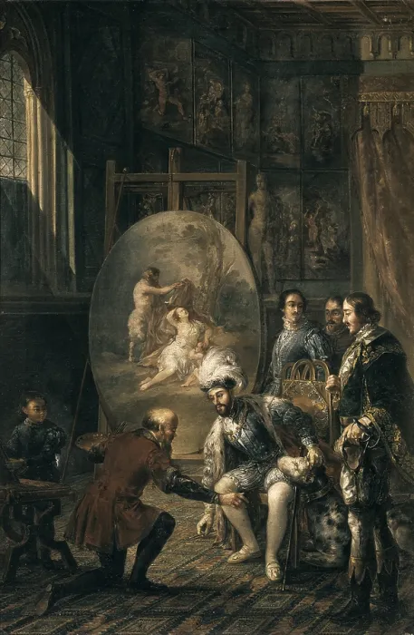 Framed Print : PARRA, Jose Felipe (1824-1864). Charles V collects the fallen brush to Titian. 19th c