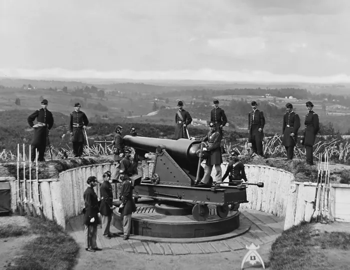 Framed Print : Parrott gun and its crew at Fort Totten, on the north line of the US Civil War defenses of Washington, DC, 1861-65 Framed Print : Parrott gun and its crew at Fort Totten, on the north line of the US Civil War defenses of Washington, DC, 1861-65