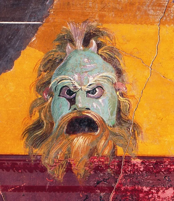 Framed Print : Partition Wall with Mask and, by unknown artist, 40-30, 1st Century B.C. ripped fresco, 118 x 60 cm - Italy, Campania, Naples, National Archaeological Museum, Room LXIX, inv Framed Print : Partition Wall with Mask and, by unknown artist, 40-30, 1st Century B.C. ripped fresco, 118 x 60 cm - Italy, Campania, Naples, National Archaeological Museum, Room LXIX, inv
