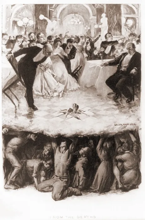 Framed Print : Party of the well-to-do is disrupted when a fist erupts through the floor, beneath which are the struggling masses of the less fortunate. Illustration by William Balfour, 1906