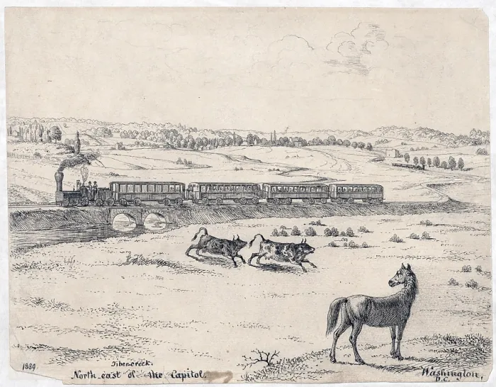 Framed Print : A passenger train crossing Tiber Creek, northeast of Washington, DC. 1839 Framed Print : A passenger train crossing Tiber Creek, northeast of Washington, DC. 1839