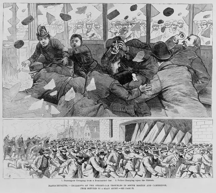 Framed Print : Passengers inside a South Boston Street car are showered with broken glasses as strikers throw rocks and bricks in February 1887 Framed Print : Passengers inside a South Boston Street car are showered with broken glasses as strikers throw rocks and bricks in February 1887