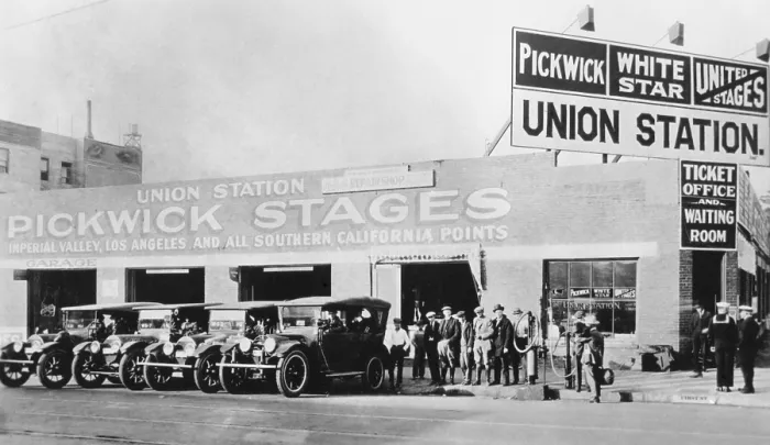 Framed Print : Passengers wait for a Pickwick Stage at Charles Wren's Union Station in Los Angeles, 1920 Framed Print : Passengers wait for a Pickwick Stage at Charles Wren's Union Station in Los Angeles, 1920
