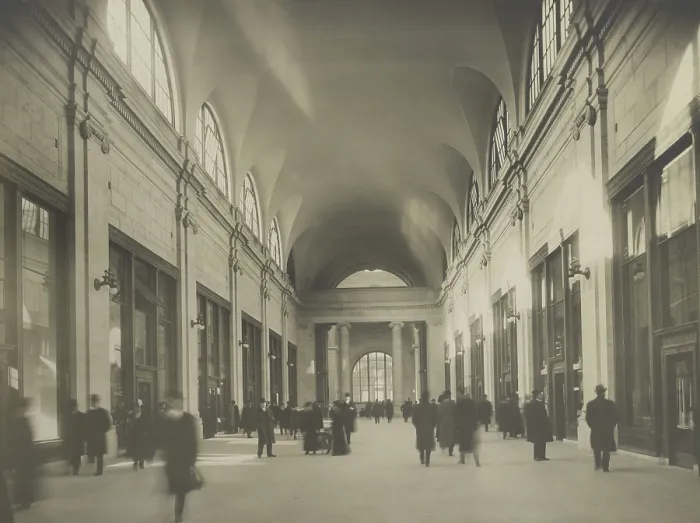 Framed Print : Passengers walking through a hallway of Pennsylvania Station, New York City. Ca. 1910. It was designed by McKim, Mead, and White and completed in 1910. - (BSLOC_2015_1_232) Framed Print : Passengers walking through a hallway of Pennsylvania Station, New York City. Ca. 1910. It was designed by McKim, Mead, and White and completed in 1910. - (BSLOC_2015_1_232)