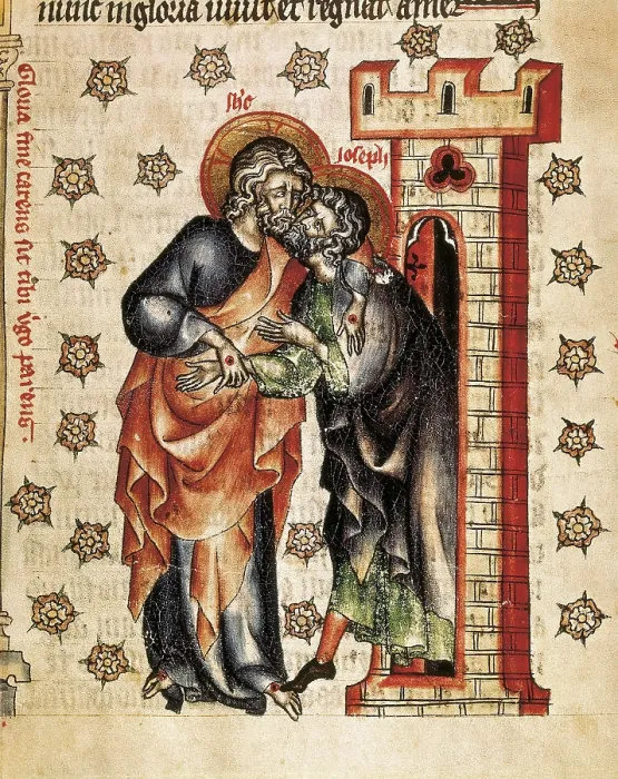 Framed Print : Passionary of the Abbess Cunegunde. 1320. Christ saying goodbye to Saint Joseph. Gothic art. Miniature Painting. CZECH Rep.. Prague. National Library of the Czech Republic