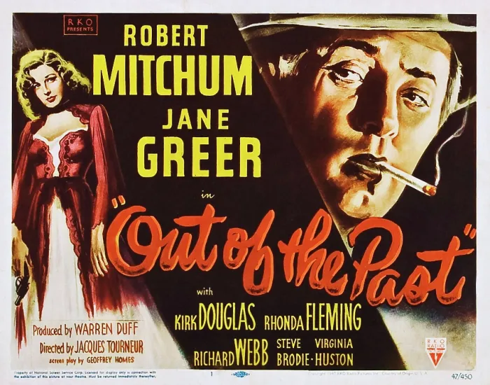 Framed Print : OUT OF THE PAST, left: Jane Greer, top right: Robert Mitchum, bottom right from left: Jane Greer, Robert Mitchum, 1947