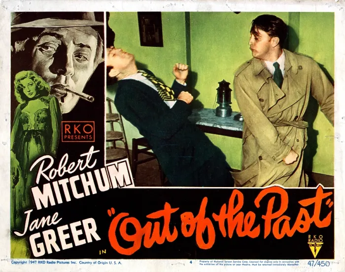 Framed Print : OUT OF THE PAST, (On left side) Rhonda Fleming, Robert Mitchum, (in center picture) Robert Mitchum (far rt), 1947