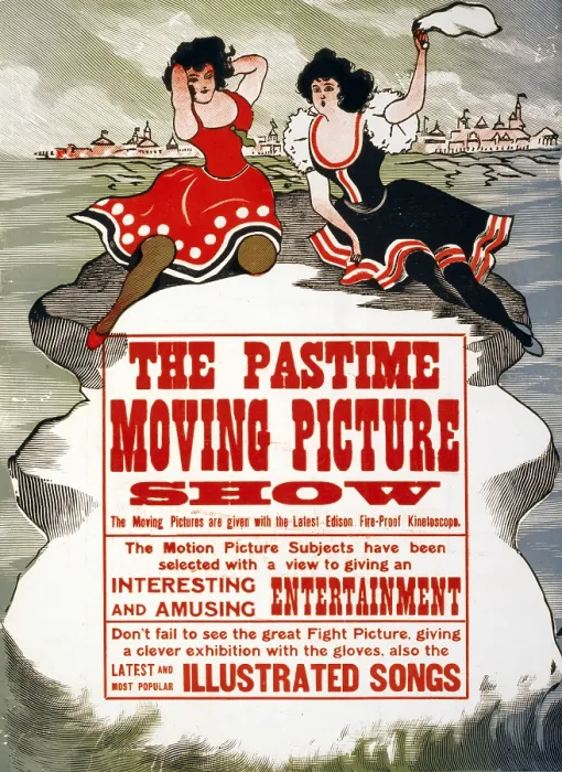 Framed Print : The Pastime Moving Picture Show, advertising for Thomas Edison's kinetoscope films, circa late 1800s Framed Print : The Pastime Moving Picture Show, advertising for Thomas Edison's kinetoscope films, circa late 1800s