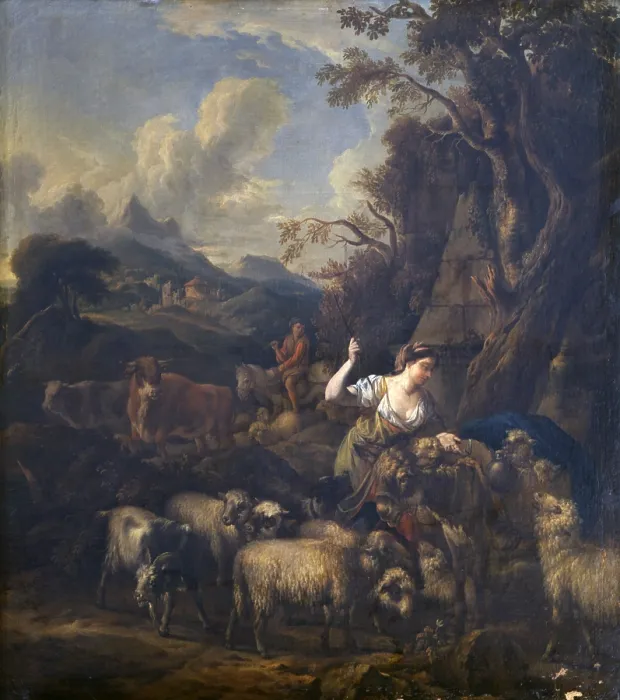 Framed Print : Pastoral Scene, by Unknown Nordic Artist, end of the 17th Century, oil on board - Italy, Lombardy, Milan, Castello Sforzesco, Civic Collections of Ancient Art. Whole artwork view Framed Print : Pastoral Scene, by Unknown Nordic Artist, end of the 17th Century, oil on board - Italy, Lombardy, Milan, Castello Sforzesco, Civic Collections of Ancient Art. Whole artwork view
