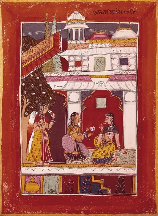 Framed Print : Pataman jari raigini (First spring bloomed branch). In a palace court, a princess is given a lotus flower, the symbol of her lover. Hindu art. Miniature Painting. FRANCE. Paris