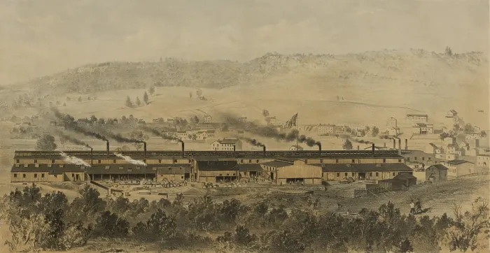 Framed Print : Paterson Iron Company were manufacturers of forgings for steamboats and railroads. Ca. 1865. Detail of the factory exterior and surroundings Framed Print : Paterson Iron Company were manufacturers of forgings for steamboats and railroads. Ca. 1865. Detail of the factory exterior and surroundings