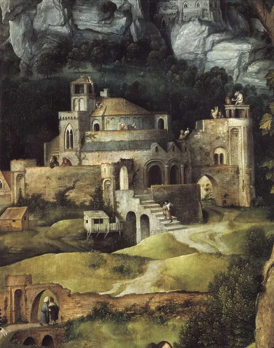 Framed Print : Patinir, Joachim (1480-1524). Rest on the Flight into Egypt. ca. 1522. Left detail depicting the temple. Flemish art. Oil on wood. SPAIN. Madrid. Prado Museum