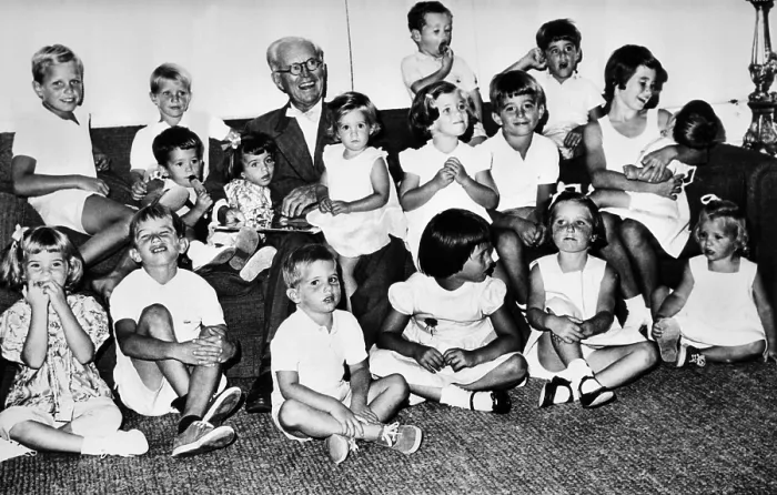 Framed Print : Patriarch Joseph P. Kennedy with his 17 grandchildren on his birthday, Sept. 6, 1961