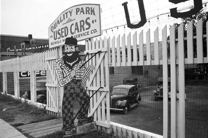 Framed Print : Paul Bunyan at used car lot, Bemidji, Minnesota, photograph by John Vachon, September, 1939