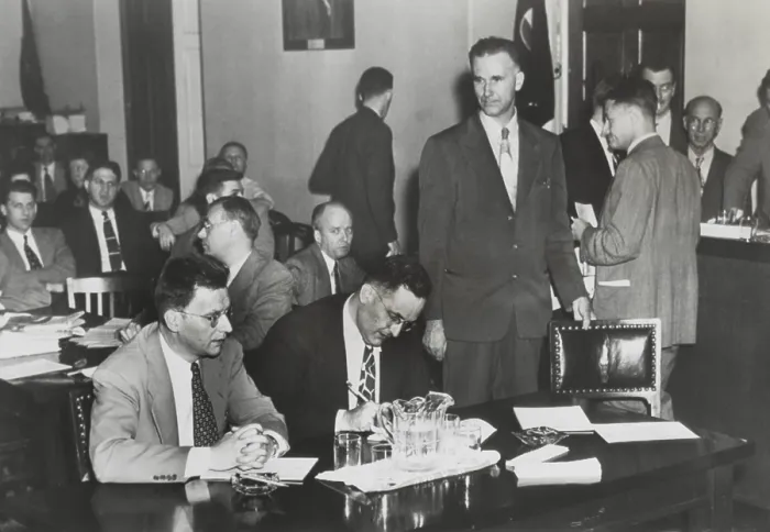 Framed Print : Paul Crouch (standing), an ex-Communist, testified against Clarence Hiskey (left). Hiskey was wartime atomic scientist, and an active member of the Communist Party in 1939-40