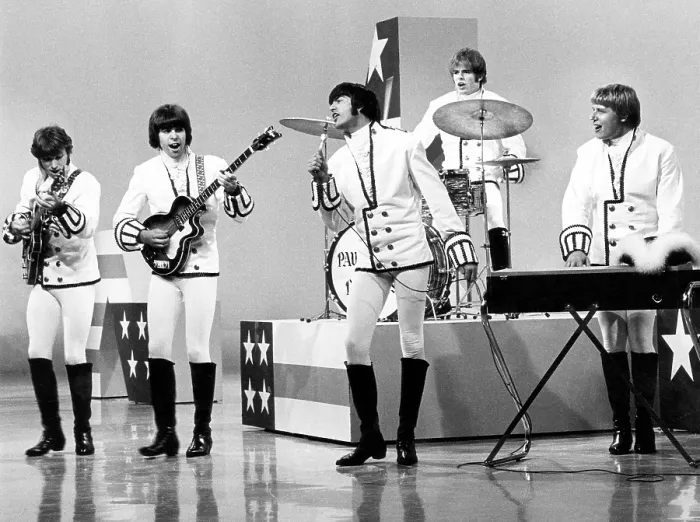 Framed Print : Paul Revere & the Raiders, Phil Volk (second from right), Mark Lindsay (center), Mike Smith (second from right), Paul Revere (right), performing, circa 1967 Framed Print : Paul Revere & the Raiders, Phil Volk (second from right), Mark Lindsay (center), Mike Smith (second from right), Paul Revere (right), performing, circa 1967