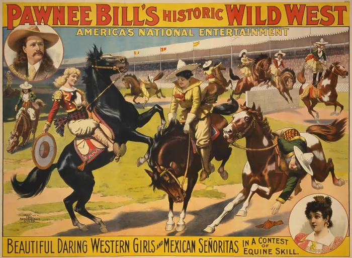 Framed Print : PAWNEE BILLS HISTORIC WILD WEST poster promoting Daring Western Girls & Mexican Senoritas, 1898