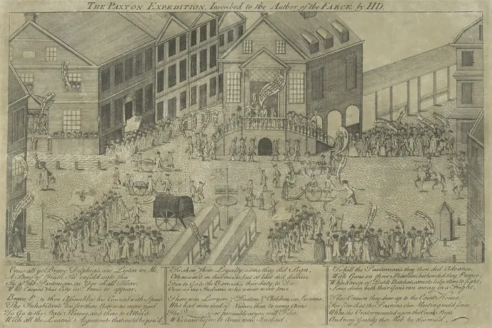 Framed Print : The Paxton Expedition, Inscribed to the Author of the Farce, 1764, political cartoon by Henry Dawkins Framed Print : The Paxton Expedition, Inscribed to the Author of the Farce, 1764, political cartoon by Henry Dawkins