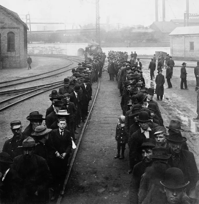 Framed Print : Pay line at the Homestead Steel works, showing the steel corporation's employees of different ages, from boys to older men. Some wear suits while others are in work clothes