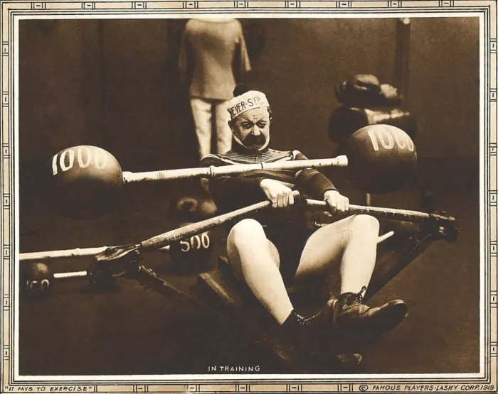 Framed Print : IT PAYS TO EXERCISE, Chester Conklin on lobbycard, 1918
