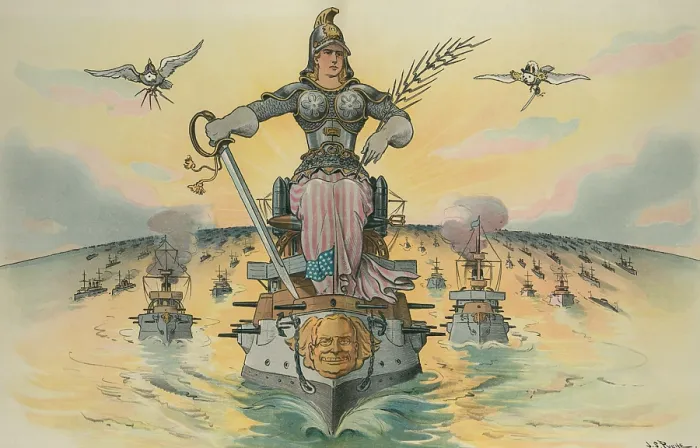Framed Print : PEACE, 1905 cartoon from PUCK Magazine. Fleet of warships with Theodore Roosevelts face on the lead ship Framed Print : PEACE, 1905 cartoon from PUCK Magazine. Fleet of warships with Theodore Roosevelts face on the lead ship