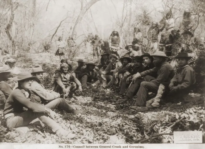 Framed Print : The peace Council between Geronimo (in bandana) and General Crook (in pith helmet) hold a peace council at a campsite in Canyon de Los Embudos, Mexico, March 25, 1886