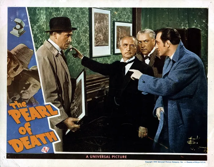 Framed Print : THE PEARL OF DEATH, from left, Dennis Hoey, Holmes Herbert, Nigel Bruce, Basil Rathbone, 1944