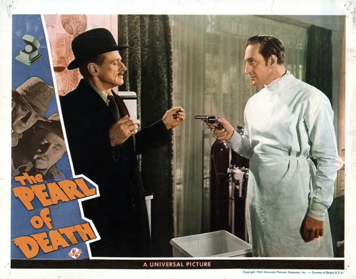 Framed Print : THE PEARL OF DEATH, from left, Miles Mander, Basil Rathbone, 1944