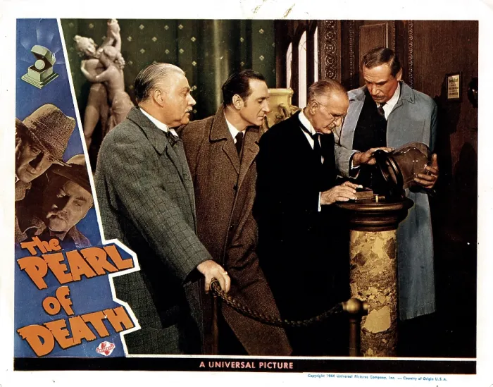 Framed Print : THE PEARL OF DEATH, from left, Nigel Bruce, Basil Rathbone, Holmes Herbert, Dennis Hoey, 1944