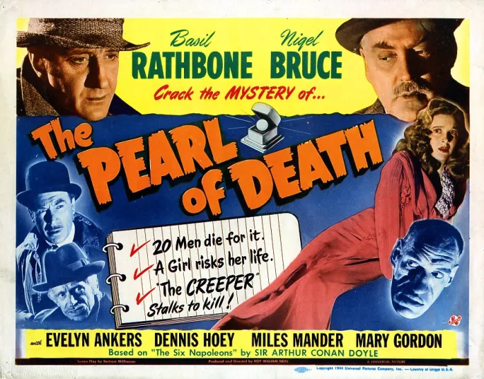 Framed Print : THE PEARL OF DEATH, (top) Basil Rathbone, Nigel Bruce, (bottom right) Rondo Hatton, Evelyn Ankers, (bottom left) Dennis Hoey, Miles Mander, 1944