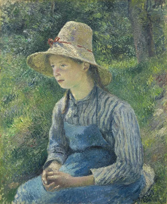 Framed Print : Peasant Girl with a Straw Hat, by Camille Pissarro, 1881, French impressionist painting, oil on canvas Framed Print : Peasant Girl with a Straw Hat, by Camille Pissarro, 1881, French impressionist painting, oil on canvas