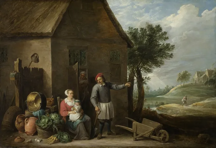 Framed Print : Peasant with His Wife and Child in Front of the Farmhouse, by David Teniers (II), 1640-70, Flemish. Painting, oil on canvas