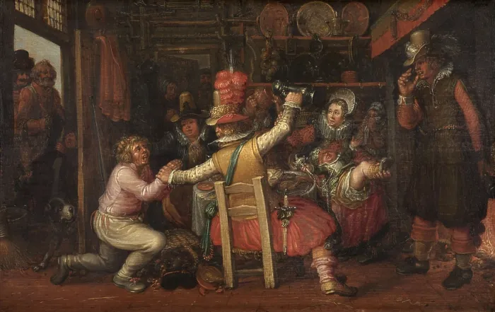 Framed Print : The Peasant's Sorrow, by workshop of David Vinckboons, after 1619, Dutch painting, oil on panel. Richly dressed townsfolk impose on a farmer for food and drink