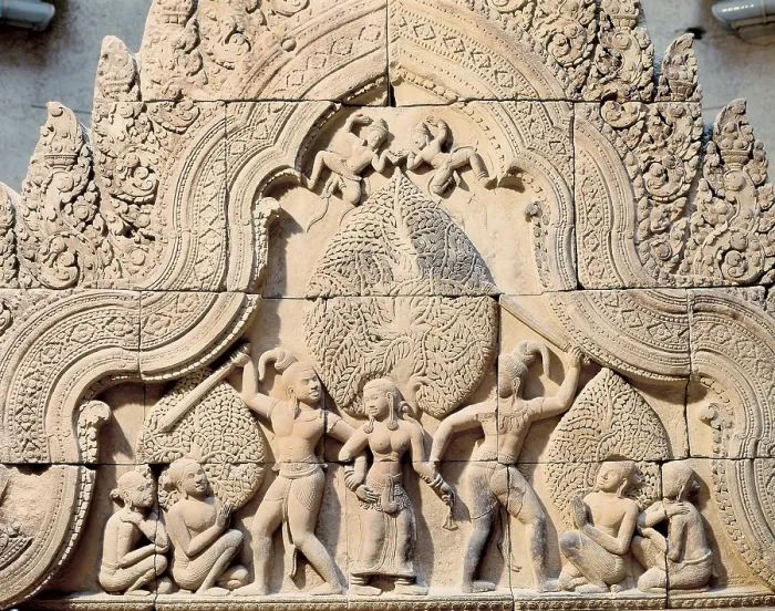 Framed Print : Pediment. c. 967. Belonging to the temple of Banteay Srei. Stoneware. Scene of Mahabharata: the demons (asura) Sunda and Upasunda fighting over the apsara Tilottama. Khmer art Framed Print : Pediment. c. 967. Belonging to the temple of Banteay Srei. Stoneware. Scene of Mahabharata: the demons (asura) Sunda and Upasunda fighting over the apsara Tilottama. Khmer art
