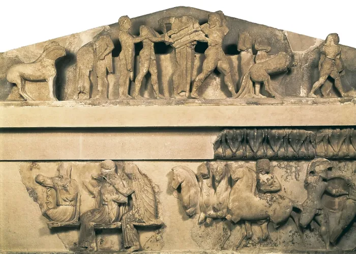 Framed Print : Pediment and frieze from the treasury of the Siphnians. ca. 525 BC. On the pediment, representation of the disputre between Apollo and Heracles for the Delphi Tripod Framed Print : Pediment and frieze from the treasury of the Siphnians. ca. 525 BC. On the pediment, representation of the disputre between Apollo and Heracles for the Delphi Tripod