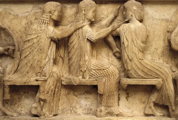 Framed Print : Pediment and frieze from the treasury of the Siphnians. ca. 525 BC. Detail of the eastern frieze. Aphrodite and Artemis talking to Apollo. Archaic Greek art. Relief on marble