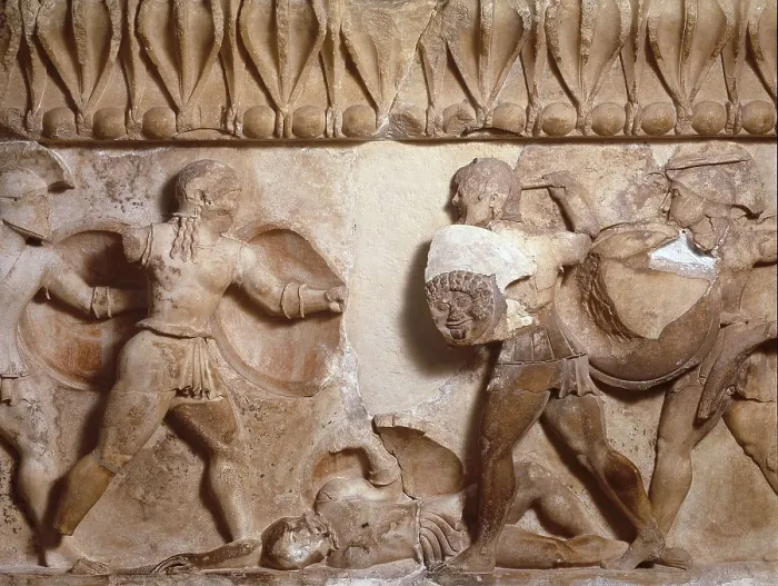 Framed Print : Pediment and frieze from the treasury of the Siphnians. ca. 525 BC. Detail of the frieze. Scene from the fight between Greeks and Trojans. Archaic Greek art. Relief on marble