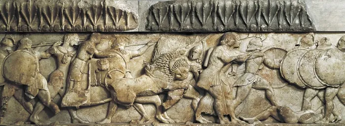 Framed Print : Pediment and frieze from the treasury of the Siphnians. ca. 525 BC. Detail of the north frieze