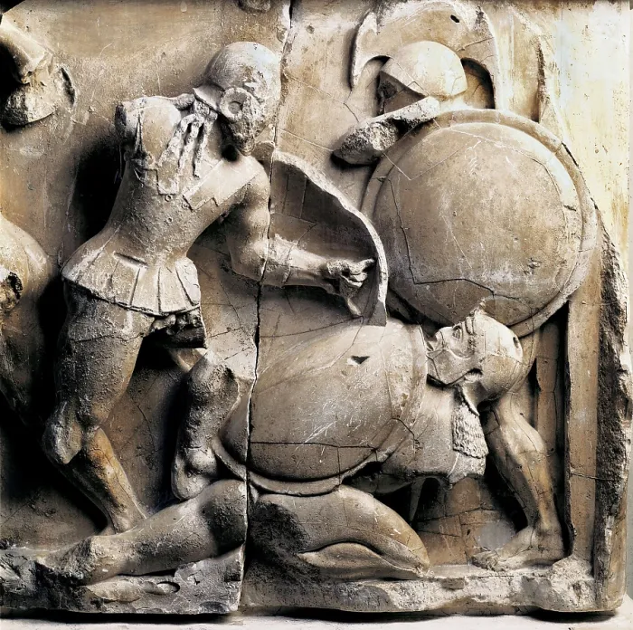 Framed Print : Pediment and frieze from the treasury of the Siphnians. ca. 525 BC. Detail of the frieze. Scene of fight between Greeks and Trojans. Archaic Greek art. Relief on marble. GREECE