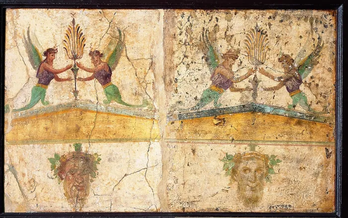 Framed Print : Pediments, by unknown artist, 37-45, 1st Century A.D. ripped fresco, 51 x 78 cm - Italy, Campania, Naples, National Archaeological Museum, Room LXXVII, inv. 9371 Framed Print : Pediments, by unknown artist, 37-45, 1st Century A.D. ripped fresco, 51 x 78 cm - Italy, Campania, Naples, National Archaeological Museum, Room LXXVII, inv. 9371
