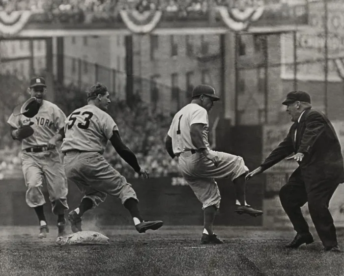 Framed Print : Pee Wee Reese dances to a safe decision. Bill Summers giving the safe sign as Brooklyn Dodger shortstop Pee Wee Reese, #1, crosses first base. Oct. 1, 1955 Framed Print : Pee Wee Reese dances to a safe decision. Bill Summers giving the safe sign as Brooklyn Dodger shortstop Pee Wee Reese, #1, crosses first base. Oct. 1, 1955