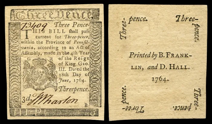 Framed Print : Front and back side of a three pence Colonial note of paper currency issued by the Province of Pennsylvania and printed by Benjamin Franklin in 1764 Framed Print : Front and back side of a three pence Colonial note of paper currency issued by the Province of Pennsylvania and printed by Benjamin Franklin in 1764